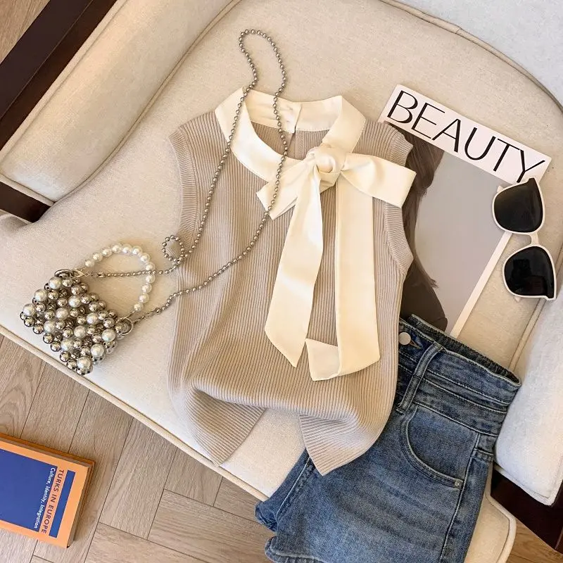 Топ женский летний тонкий трикотажный без рукавов с бантом