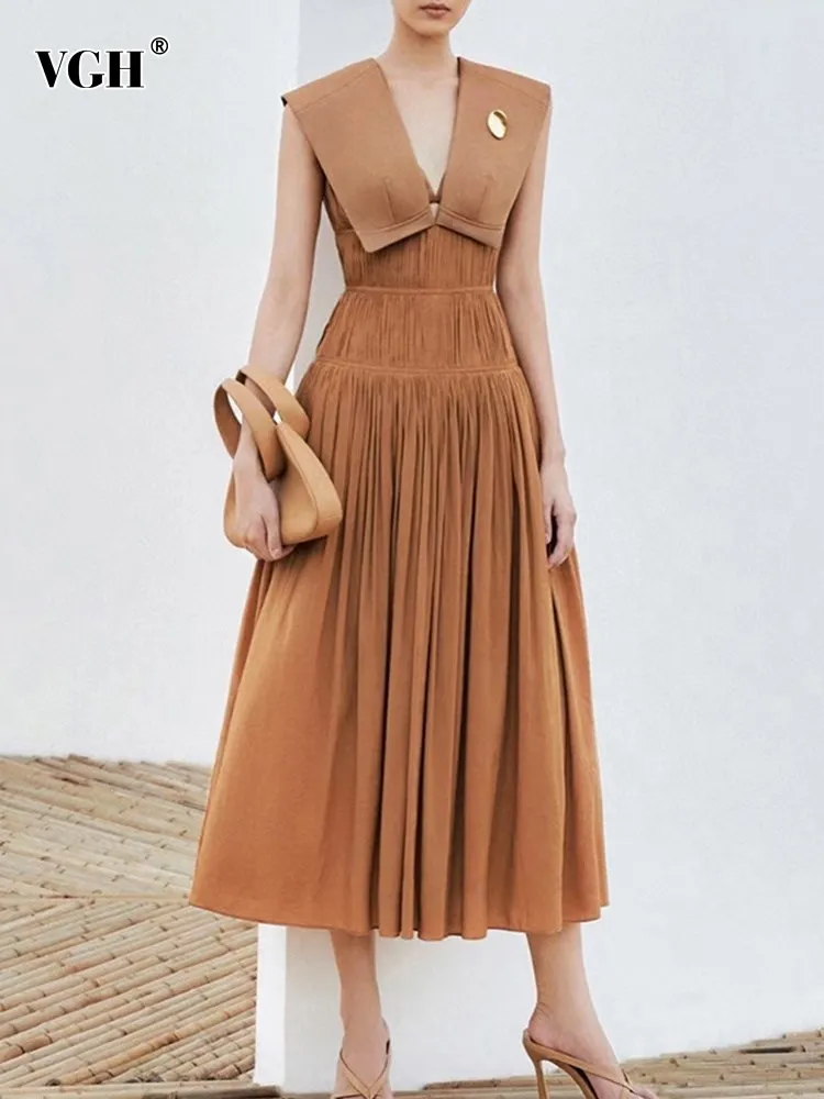 

VGH Solid Folds elegant Dresses For Women V Neck Sleeveless High Waist Slimming Temperament Dress Female Fashion clothing new