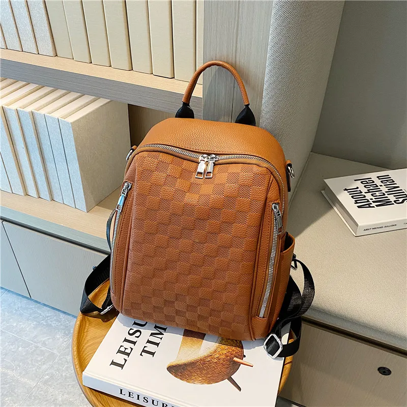 

High Quality Soft Pu Leather Texture Backpack Fashion Rhombus Simple Solid Color School BagTrend 2022 Minimalist Backpack Women