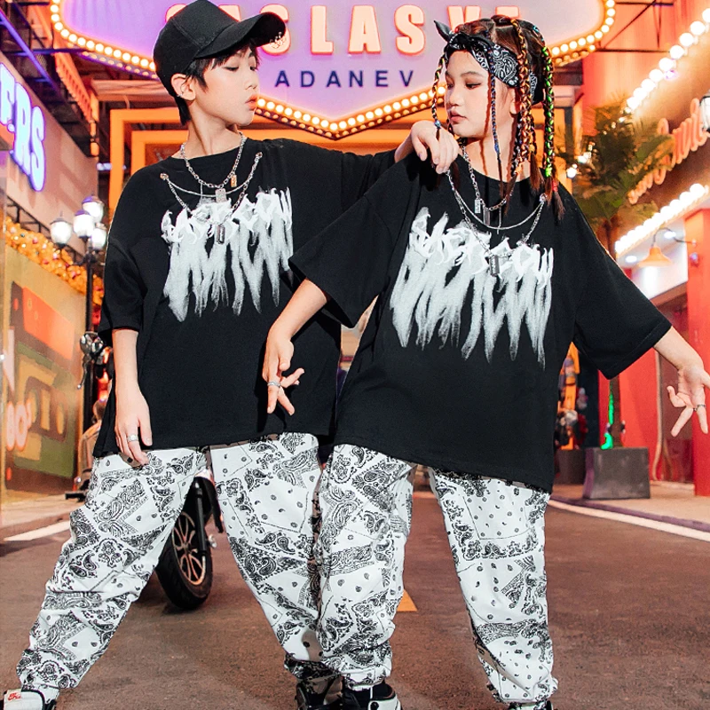 

Summer Boys Short Sleeved T-Shirt Fashion Hip Hop Pants Girls Jazz Ballroom Practice Wear Loose Street Wear Kpop Outfit BL8837