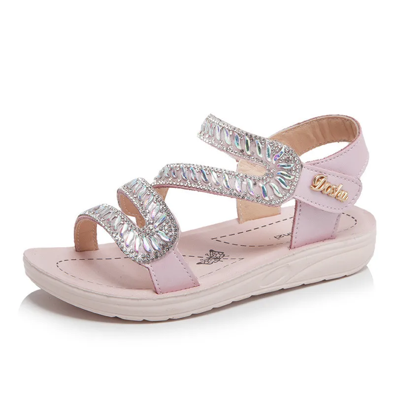 2022 Summer Fashion Girls Princess Sandals Leather Shoes Rhinestone Sequins Flat Roman Sandals Thick Bottom Non-slip Beach Shoes