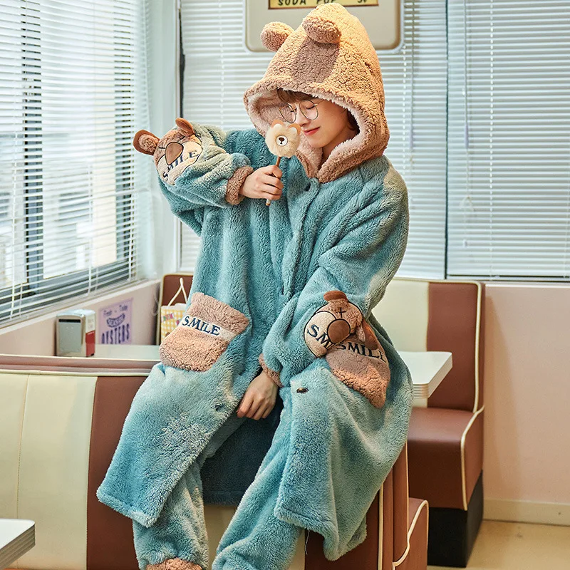 Autumn And Winter Female Ins Robe Pajamas Coral Fleece Thick Hooded Bathrobe Two-Piece Flannel Warm Home Service