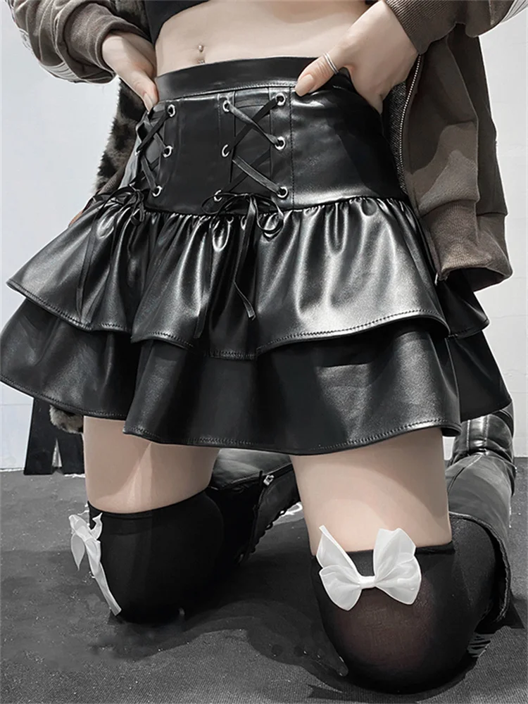 

Vintage Gothic Bandage Pu Pleated Skirt Darl Black Leather High Waisted Mini Skirts Women 2022 Fashion Preppy Style Streetwear