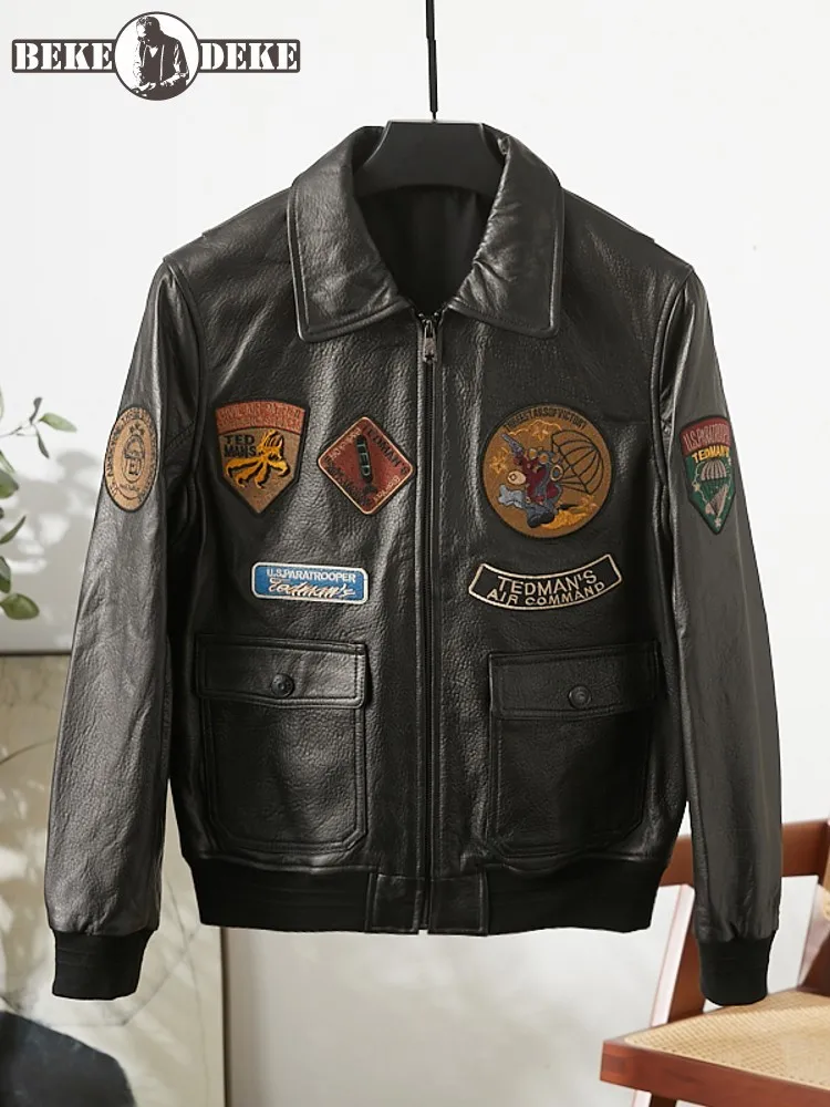

Autumn Men Fashion Embroidery Sheepskin Genuine Leather Jacket Pockets Luxury Pilot Bomber Jacket Motorcycle Biker Outwear Coat