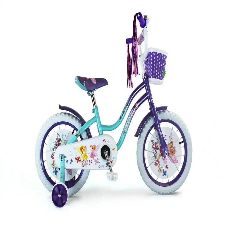 

16" Cruiser Steel Frame Bicycle Coaster Brake One Piece Crank, White Full cover Chain cover, Purple Baskets, Fenders & Rims, Whi