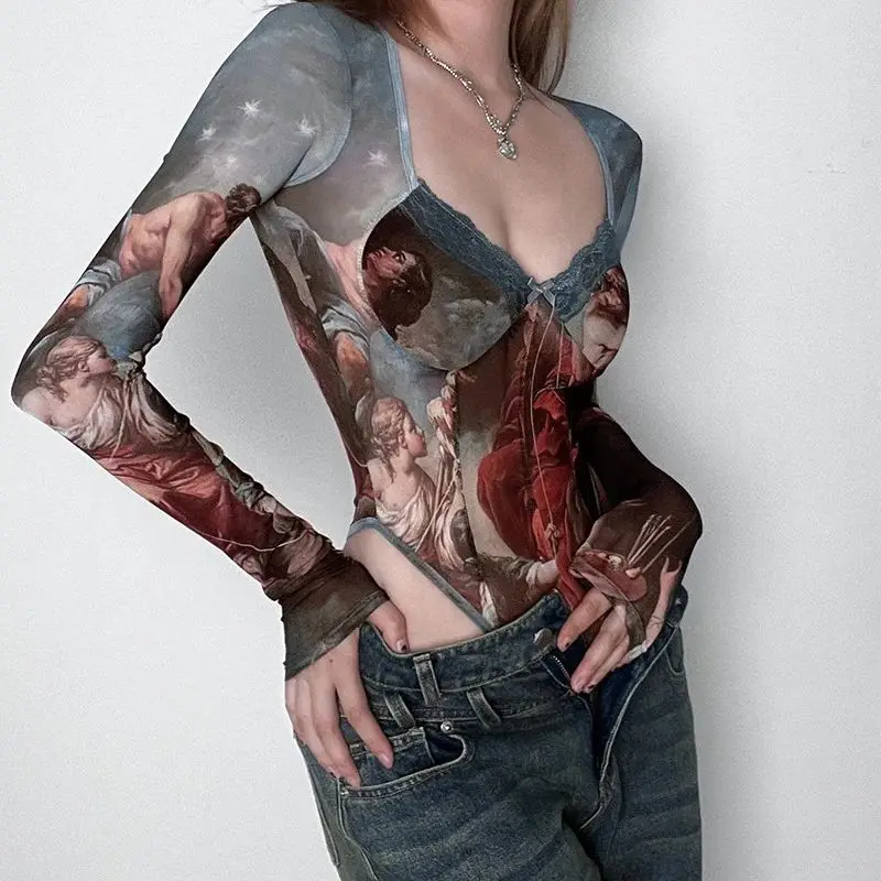 Сетчатые сексуальные винтажные женские боди с принтом футболки летние кружевные