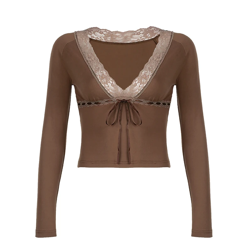 Darlingaga модные облегающие кружевные лоскутные осенние футболки женские на