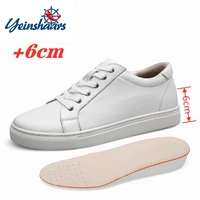 white genuine leather shoes men sneakers man elevator shoes height increase insoles high heels shoes 5 6cm shoes tall shoes
