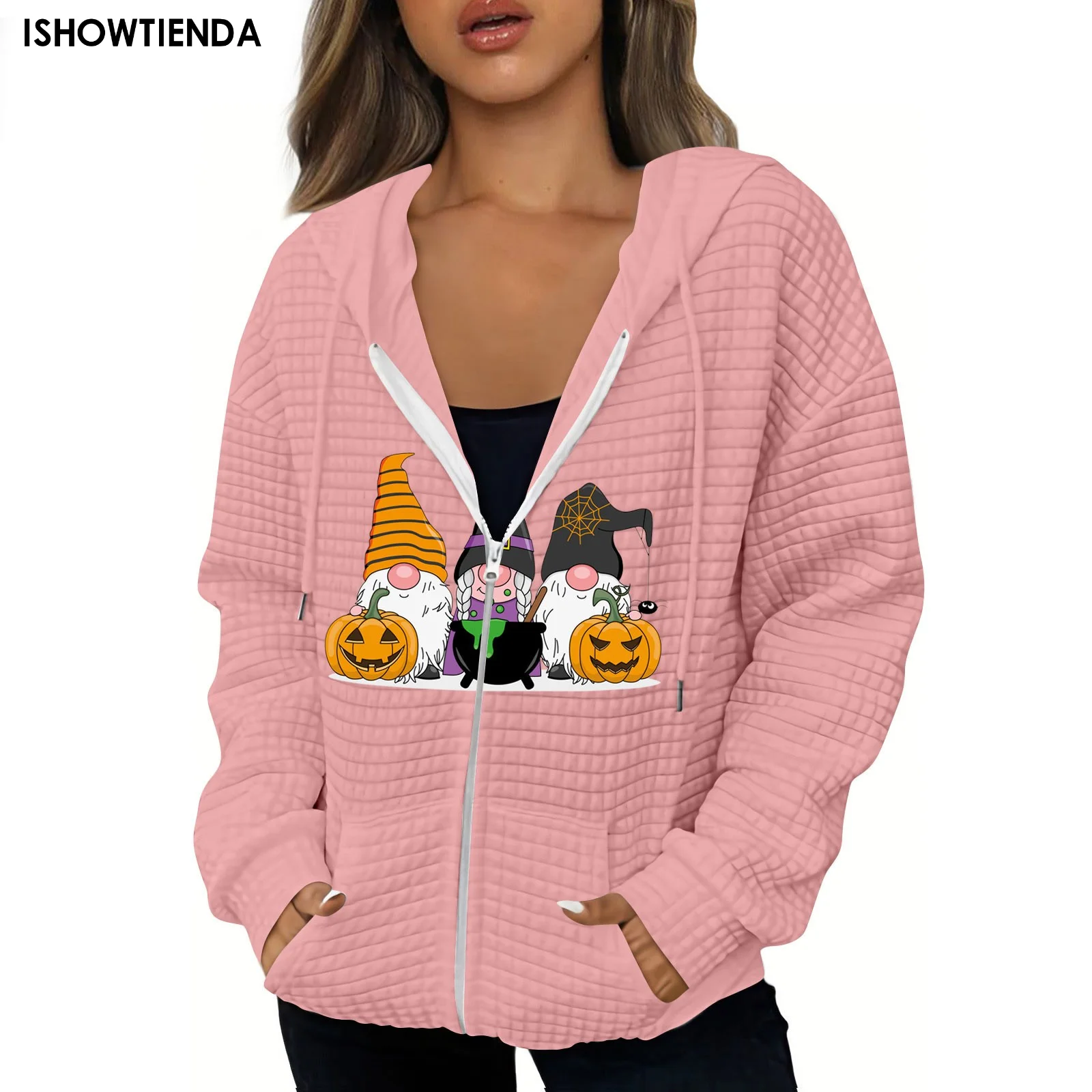 

Женская свободная толстовка Y2k с капюшоном, куртка на молнии в стиле K-POP, свитшот с карманами и принтом на Хэллоуин, пальто с капюшоном на завязках и карманами, Осень-зима 2023