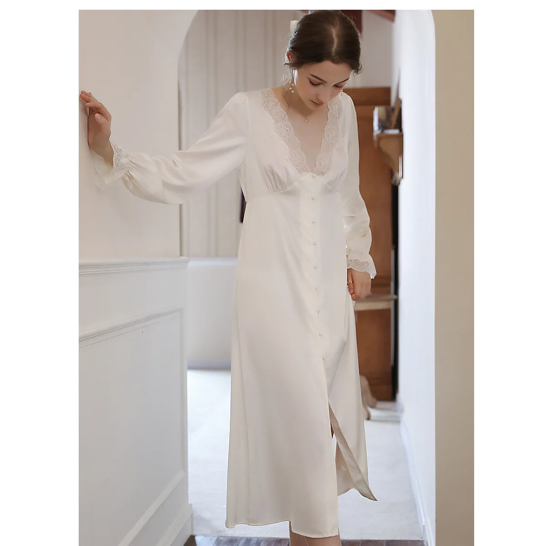 New Spring Summer French Sexy Pajamas Women Ice Thin Goddess V-neck Long-sleeved Cardigan Nightdress Long Home Clothes Sleep Top
