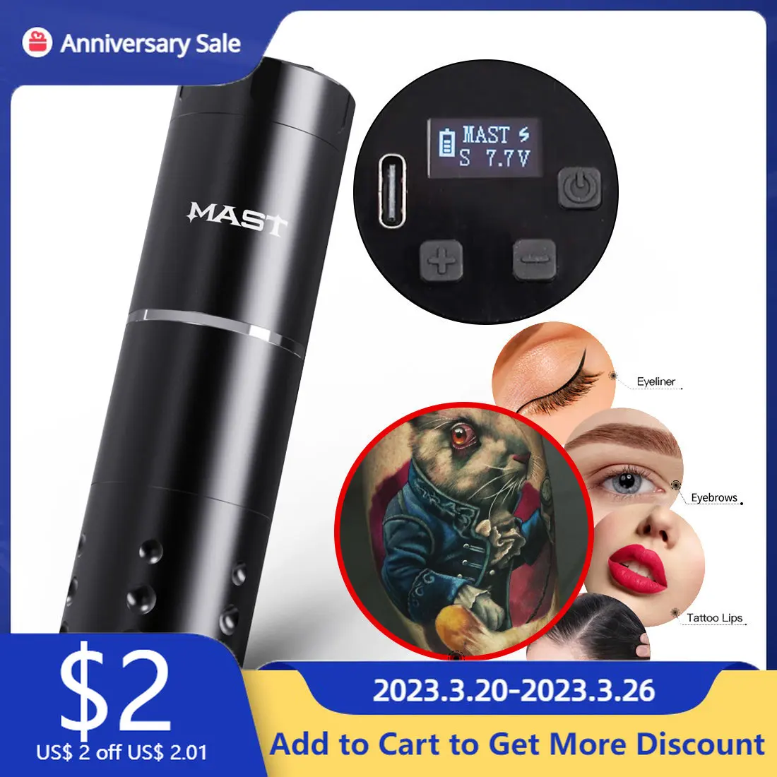 MAST A1 Professional Wireless Tattoo Machine Pen Battery Portable Power Coreless Powerful Motor Digital LED Display Makeup