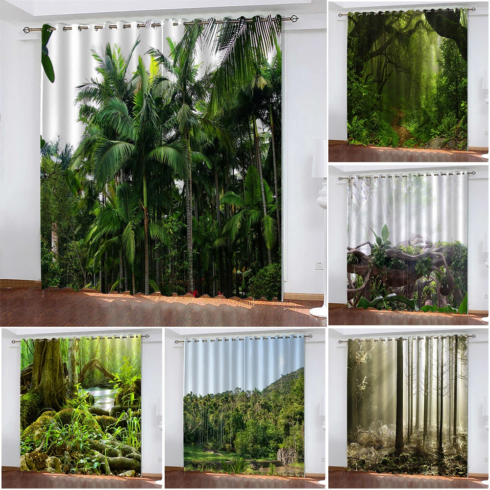Tropical Rainforest 3D Print Green Curtain Biparting Open Blackout Curtain Cortina De Sombra Bedroom Living Room Forest Curtain