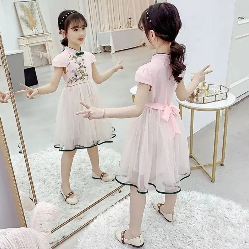 

Teenage Girls Hanfu Summer Dress New Children's Chinese Cheongsam Dress Little Girl's Baby Short Sleeve Dress Tang Suit