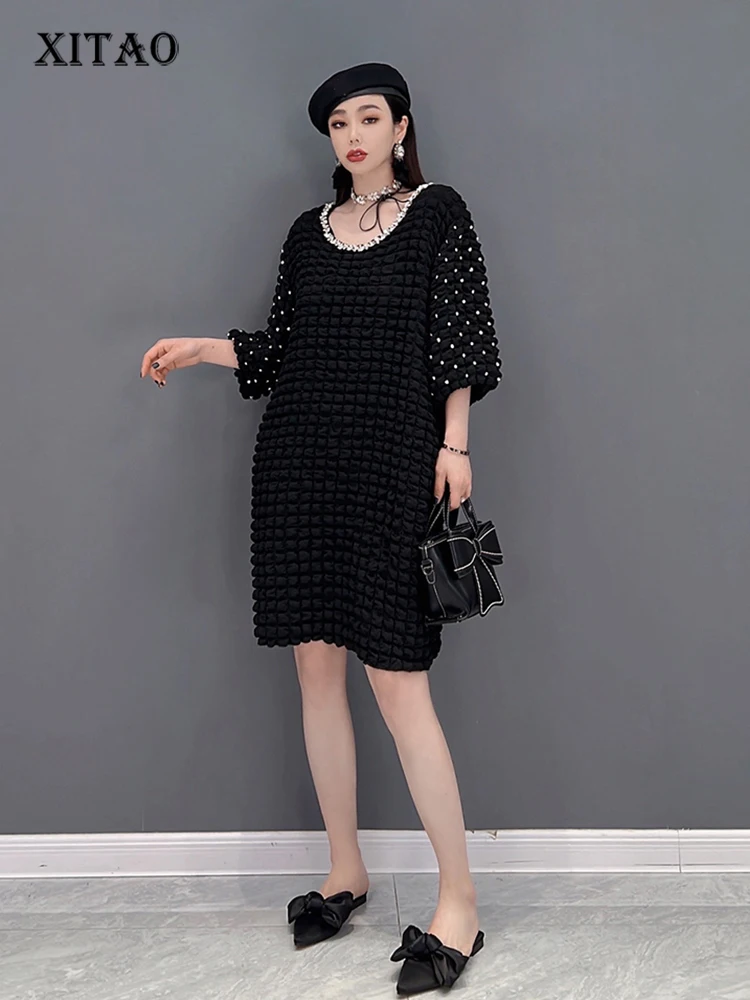 

XITAO Solid Diamonds Dress Women Korea 2022 Summer New Arrival Personality Fashion Loose O-neck Short Sleeve Dress WMD5400