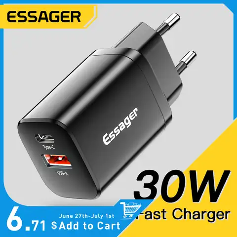 Зарядное устройство Essager сетевое с двумя портами USB Type-C и поддержкой быстрой зарядки, 30 Вт