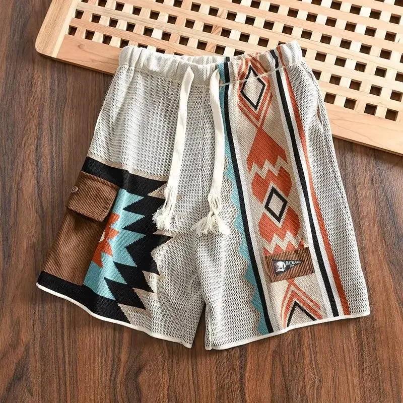 American Style Knitted Shorts For Men Vintage Geometric Sport Summer Causal Mens Fashion Embroidery Casual Pants