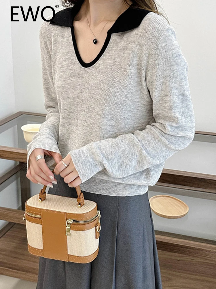 

EWQ Simplicity Contrast Color Knitting Sweater For Women 2023 Autumn New V Neck Long Sleeve Elegant Female Tops Clothing 26D5170