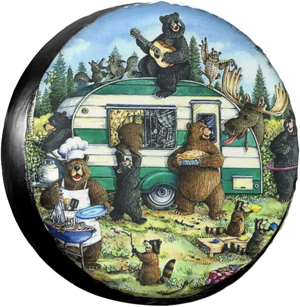 

Happy Camper Bear Spare Tire Cover Wheel Protectors Water Dust Proof Universal Fit for SUV Truck Camper Travel Accessories