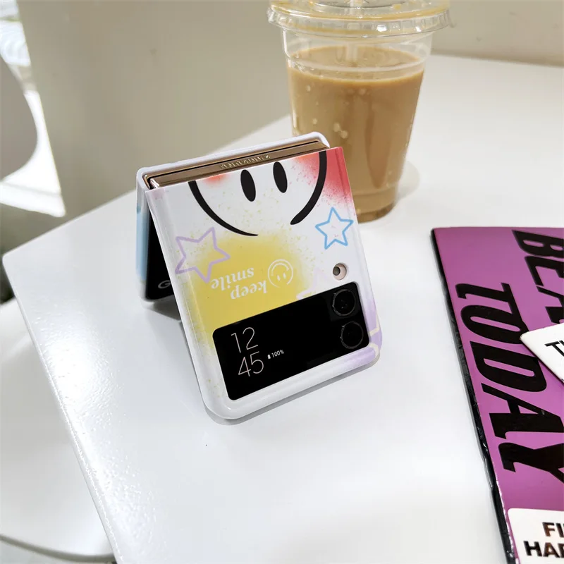 Colorful Star Smiling Face Phone Case for Samsung Galaxy Z Flip 4 3 Hard Cover for ZFlip3 Zflip4 Solid Shell Bracket