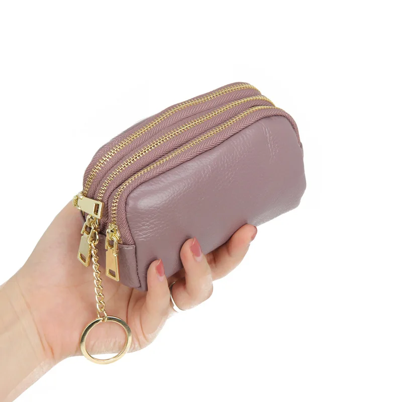 

European and American First Layer Cowhide Simple Fashion Mini Clutch Three Zipper Coin Purse Key Coin Coin Purse Leather
