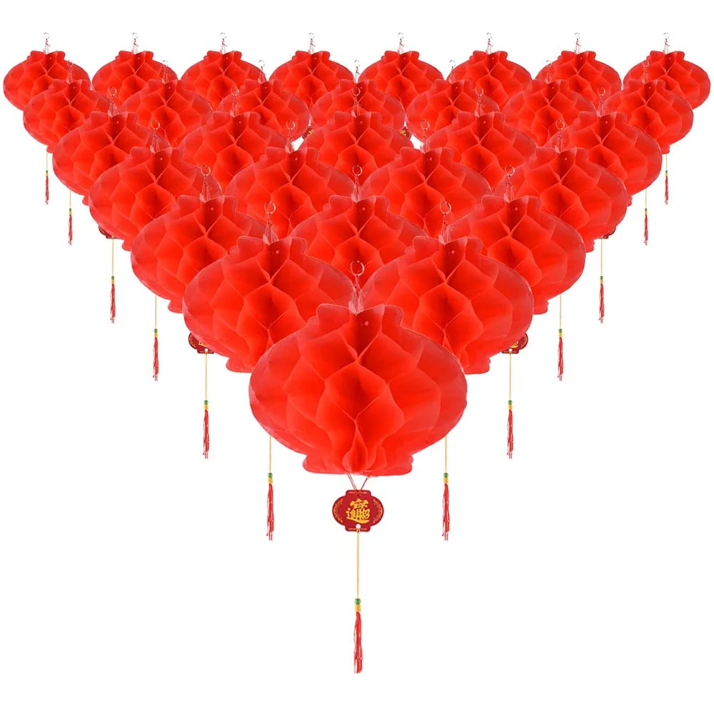 

30 Pieces Red Plastic Paper Lantern Hanging Red Lanterns for Chinese Spring Festival Festival Wedding Decoration, 8.4 Inches