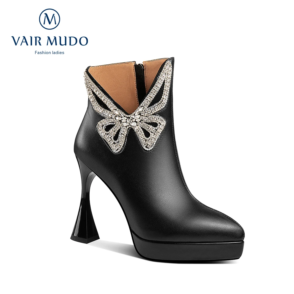 

VAIR MUDO Women Sexy High Heels Ankle Boots Pointed Toe Genuine Leather Winter Autumn Shoes Black White Platform Fashion Elegant