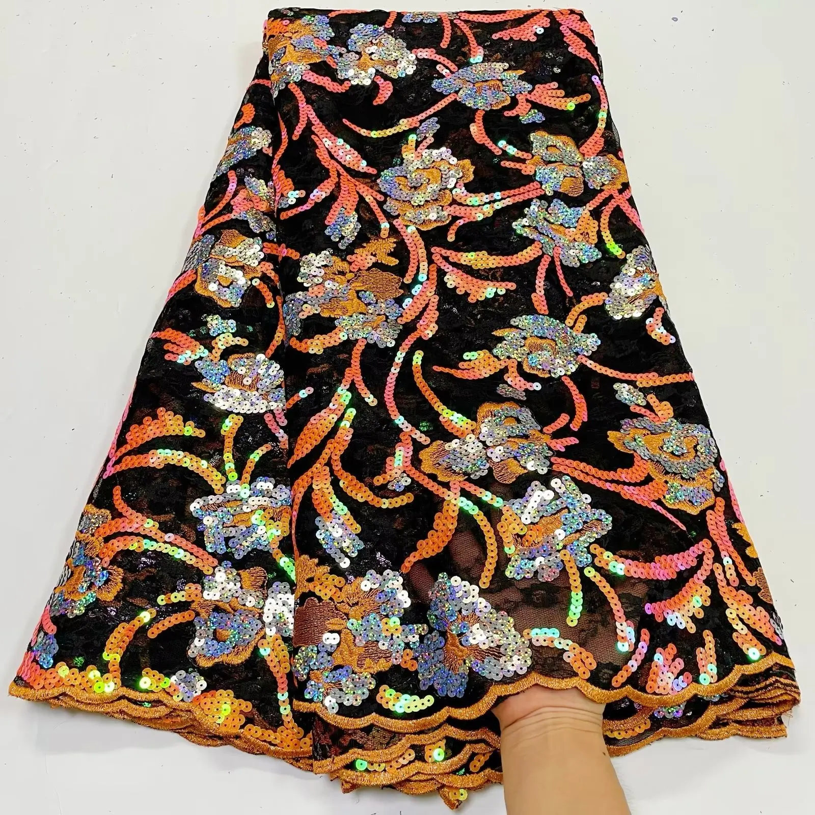 

Оранжевый Новый дизайн, африканские блестки, французское кружево 2023, Высококачественная последовательность нигерийских блесток для сваде...