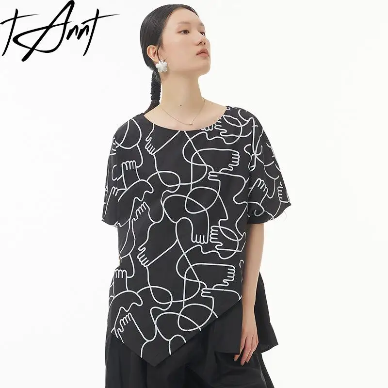 

Tannt Women T Shirt Asymmetrical Short Sleeves Printing T Shirt Women Irregular Vintage Sexy Summer Long T-shirt Tops 2023 New