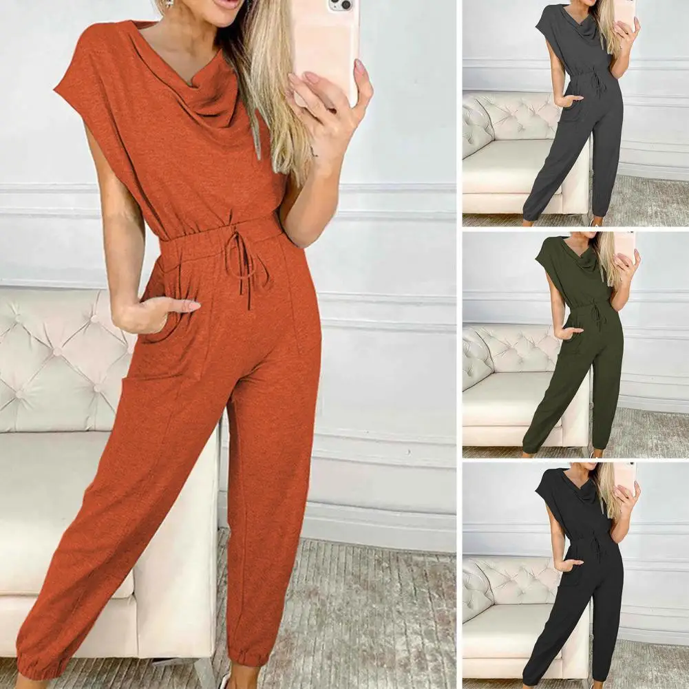 

Lady Jumpsuit Solid Color All Match Simple Drawstring Women Romper for Daily Wear