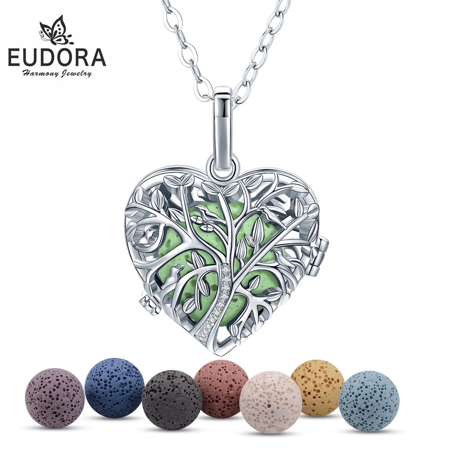 

Eudora 16mm Volcanic Lava Stone Meditation Necklace Tree of Life Relax Aroma Locket Cage Pendant Aromatherapy Jewelry Women Gift