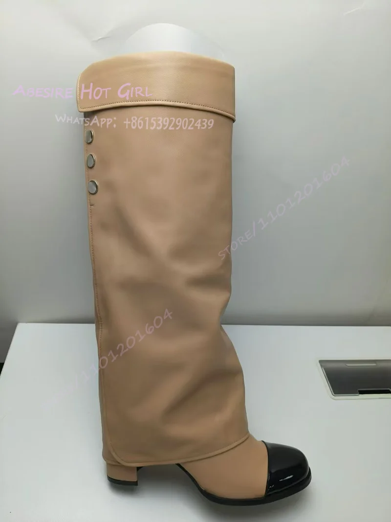 Элегантные ботинки абрикосовой кожи в сложенном виде женские черные до колена с