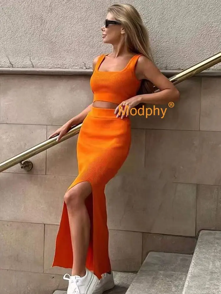 

Free Shipping Ribbed Knitted Women Two Piece Matching Co Ord Set Crop Top Split Midi Skirt Sexy Party 2022 Summer Clothing
