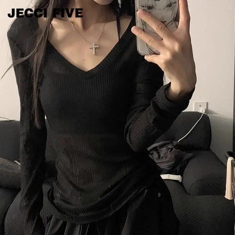 Женская трикотажная Базовая рубашка с V-образным вырезом и длинными рукавами