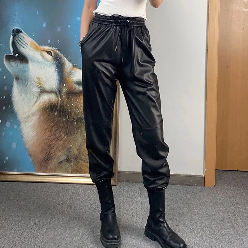 Women Leather Pants Drawstring Genuine Sheepskin Jeans Cool Leggings Harem Trousers Fashion Streetwear 2022 New TF3651