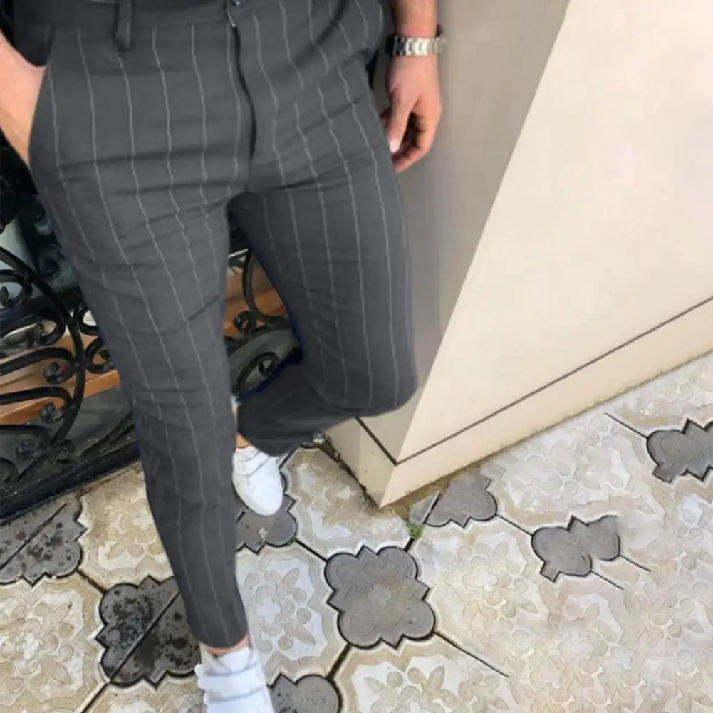 

Брюки мужские полосатые с карманами, облегающие Костюмные штаны со средней талией, универсальные деловые брюки с эластичным поясом