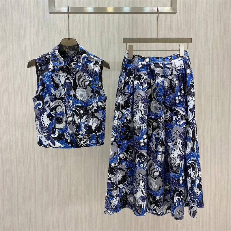 

2022 Summer Skirt Set Fashion Bohemian Sleeveless Print Top + Skirt Two Piece Set