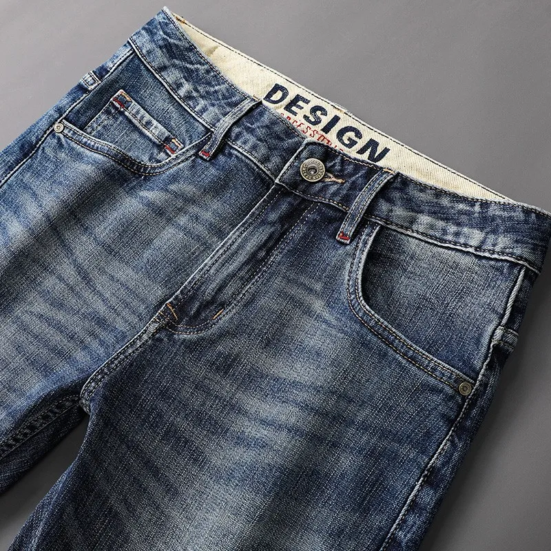 Newly Trends Fashion Men Jeans High Quality Retro Blue Elastic Slim Fit Vintage Jeans Men Redline Designer Casual Denim Pants