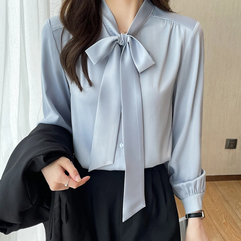 Bow Shirts Women High-Grade Small Spring and Autumn 2024 New Design Sense Business Wear Blue Shirt