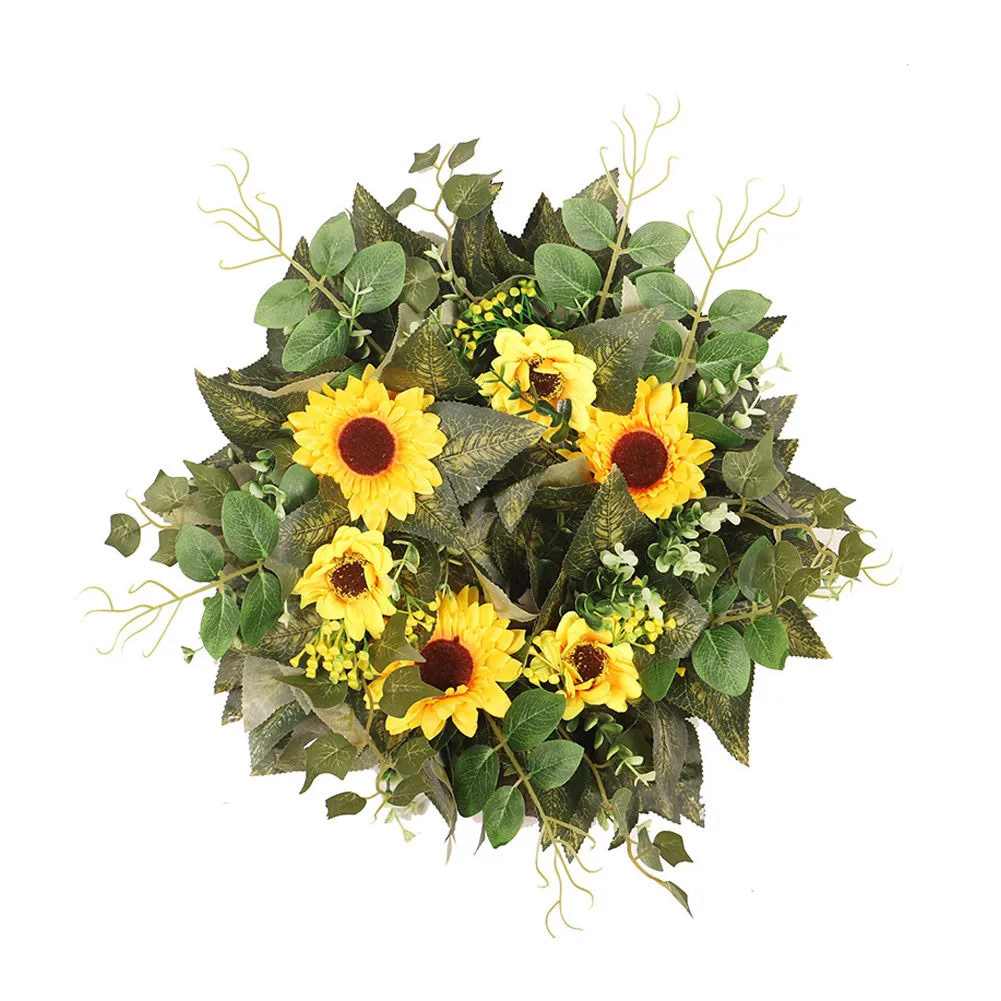

35cm Artificial Sunflower Wreath Yellow Spring Door Garland Home Wall Party Fower Decor Silk Flowers Home Decoration