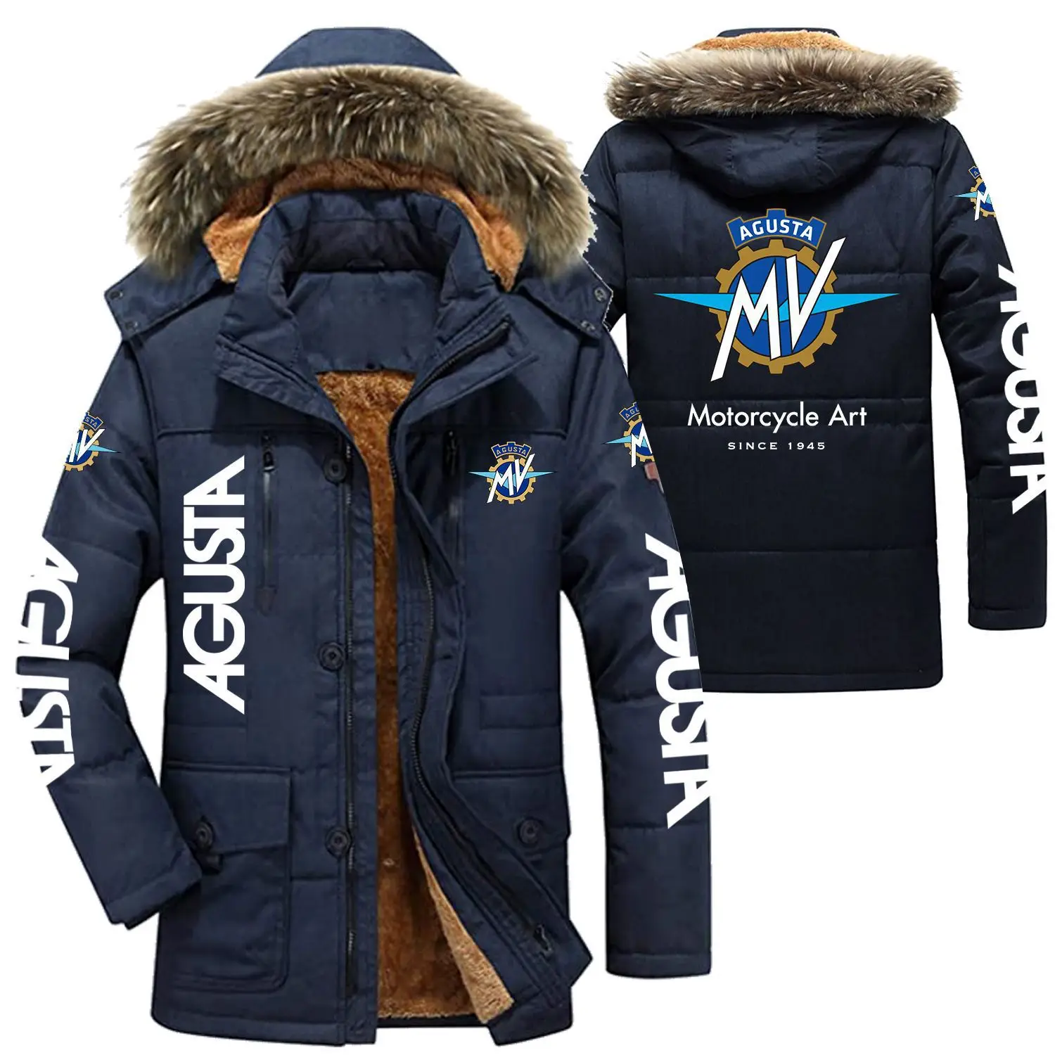 

2023 New Autumn Winter Man's Mid-long Style MV Agusta Logo Cotton-padded Hooded Fleece Long-sleeved Fashion Zipper Coat Jacket