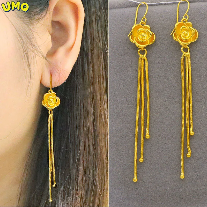 

Vietnam Shajin 24k Tassel Earrings Female Authentic 999 Yellow Gold Plated Jewelry Long Earrings Personality Temperament