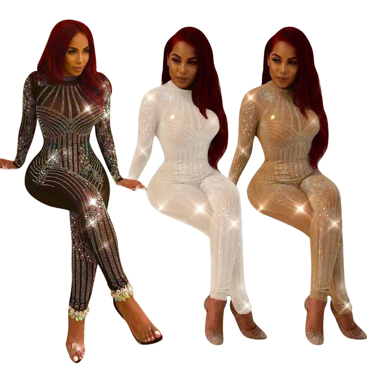 Sexy European and American nightclubs women's new hot drilling mesh women's jumpsuit