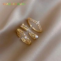 2022 new fashion crown pearl three piece open ring for woman korean luxury jewelry wedding party unusual girls finger rings