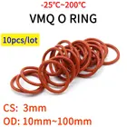 Уплотнительное кольцо VMQ, 10 шт., уплотнительная прокладка, толщина CS, 3 мм, OD 10  100 мм, силиконовая резина, изолированная, водонепроницаемая шайба круглой формы, Нетоксичная красная