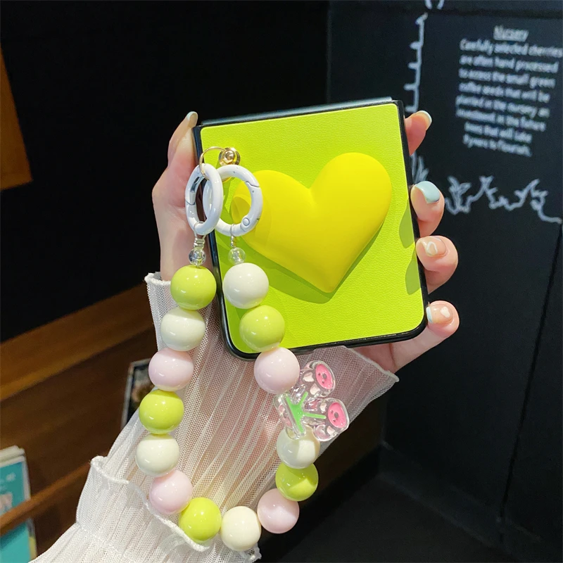 

3D Cute Love Heart Portable Beads Bracelet Cover For Samsung Galaxy Z Flip 4 3 Case Pearl Crossbody Lanyard