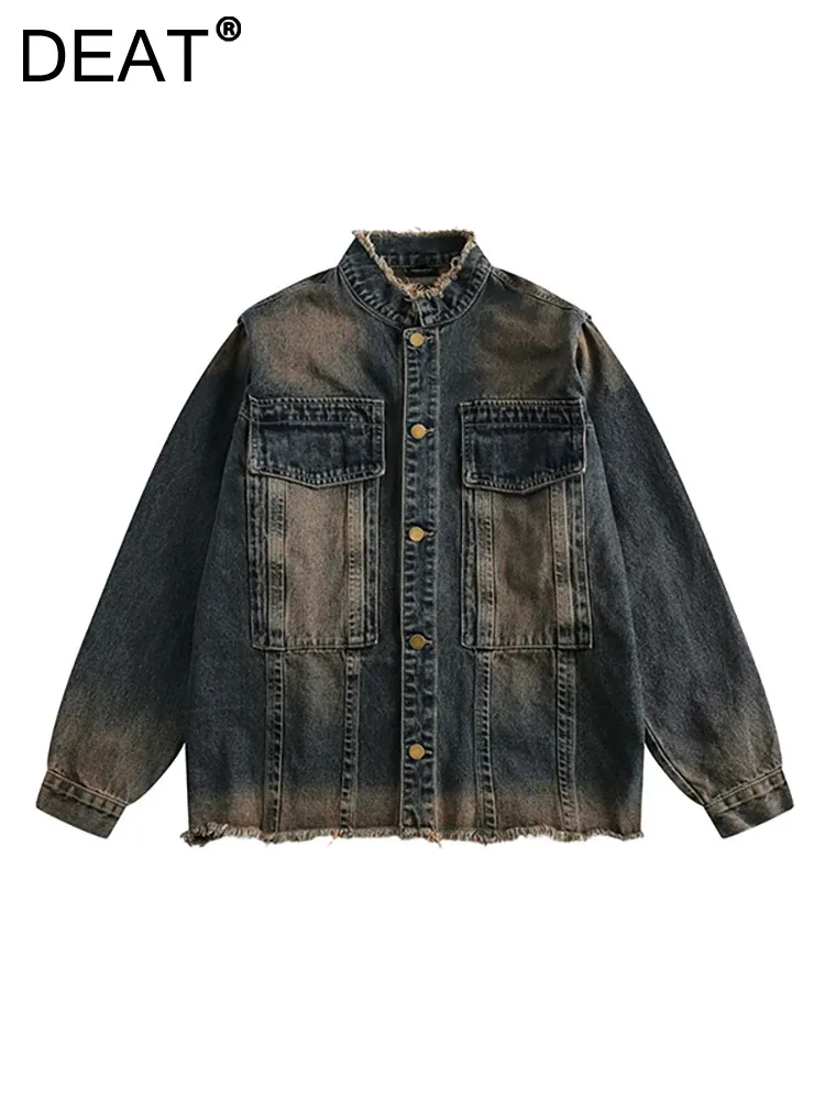 

DEAT Women's Denim Coat Stand Collar Loose Retro Color Burrs Single Breasted Long Sleeve Jackets 2023 Winter New Fashion