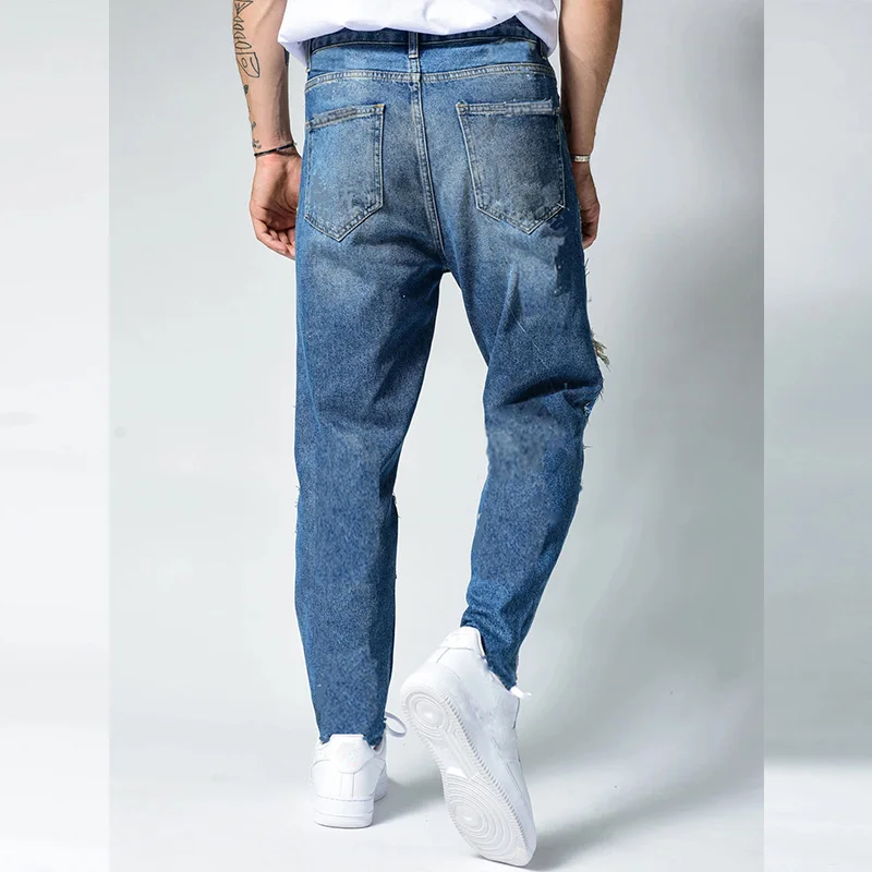 New Mens Jeans Straight Trend Hole Blue Slim Jeans Streetwear Men Solid Color Full Length Denim Pants Casual Trousers