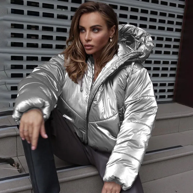 2021 New Winter Jacket Women Parkas Jacket Crop Jacket Shiny Bubble Coat Hooded Thick Jacket Warm Streetwear Fashion Outfits