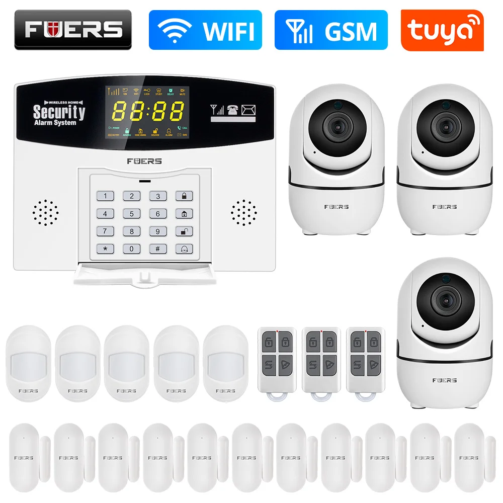 

Fuers Tuya Smart Home GSM WIFI Alarm System Burglar Alarm 433MHZ Wireless Wired Zone Link Alexa Google PIR Sensor IP Camera