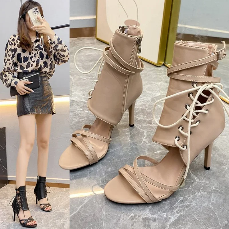 Women's Sandals Super-high Heels Ankle Boots Sexy Strip Pole Dance Shoe Wedding Peep-toe with Ties Ladies Shoes on Offer